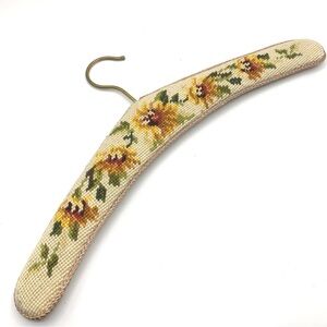 Vintage Needlepoint Floral Padded Clothes Hanger Sunflowers Velvet Back Brass
